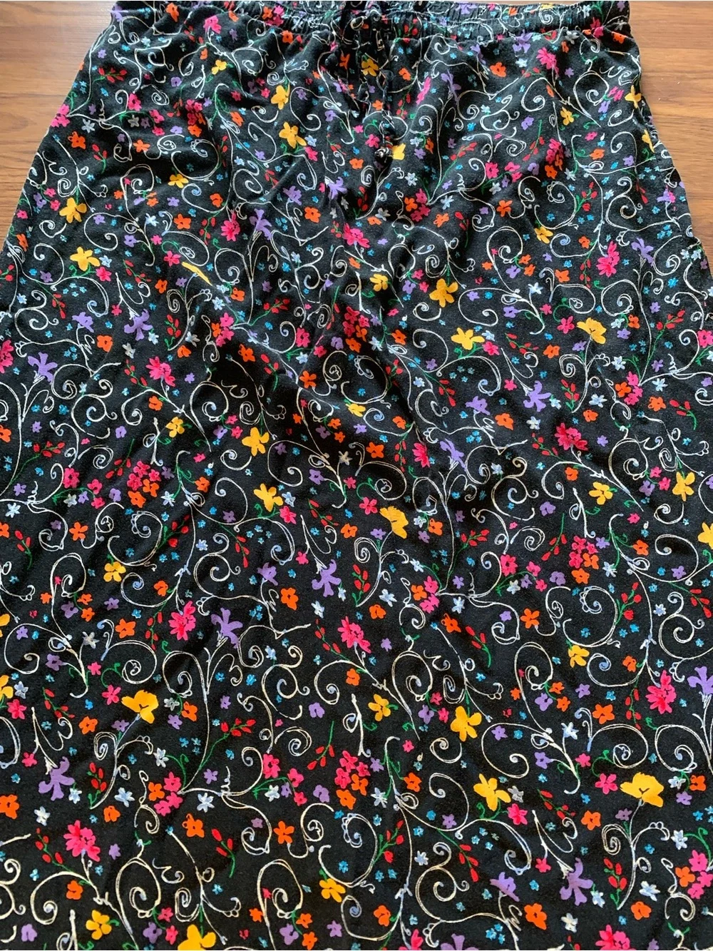 Sag Harbor Black A-Line Skirt with Multicolor Floral Scrolls 90s